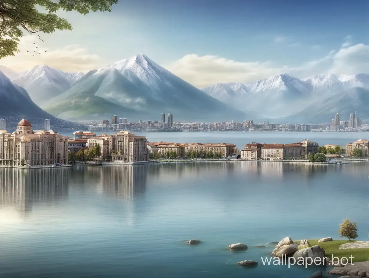 a vista with mountains in background, large area of water to front ,a city by lakeside