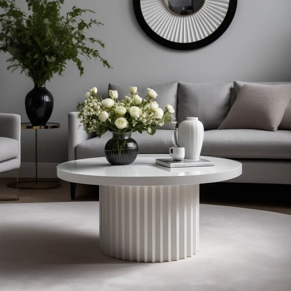 Contemporary Living Room Coffee Table with Elegant Fluted Design and Floral Decor