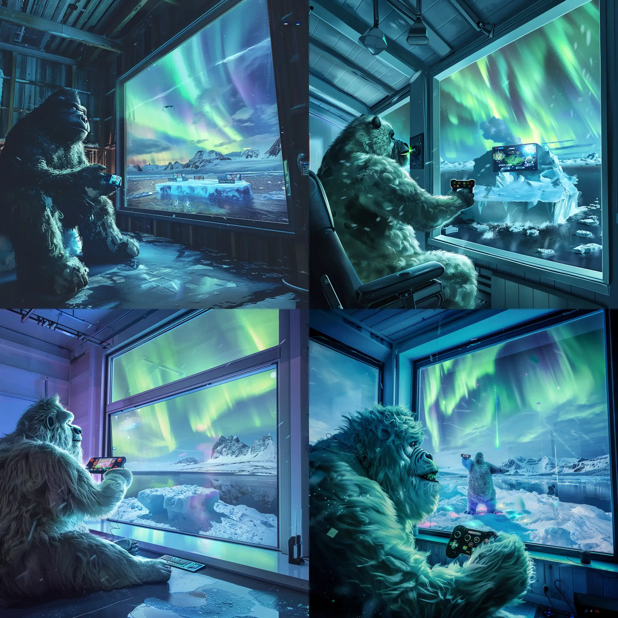 Friendly-Yeti-Playing-Video-Games-on-Iceberg-with-Northern-Lights