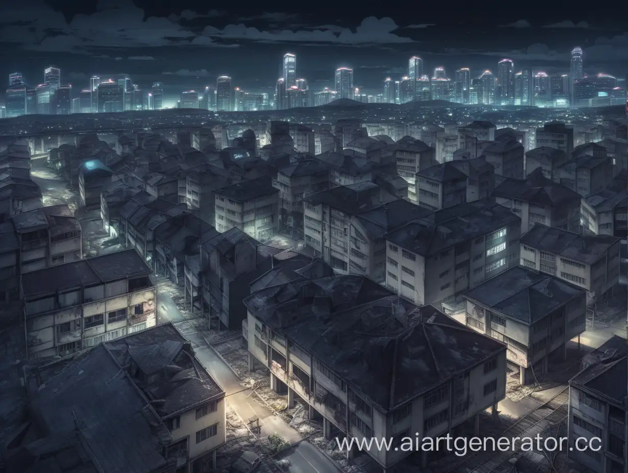Ночной заброшенный зомби город с высоты аниме стиль