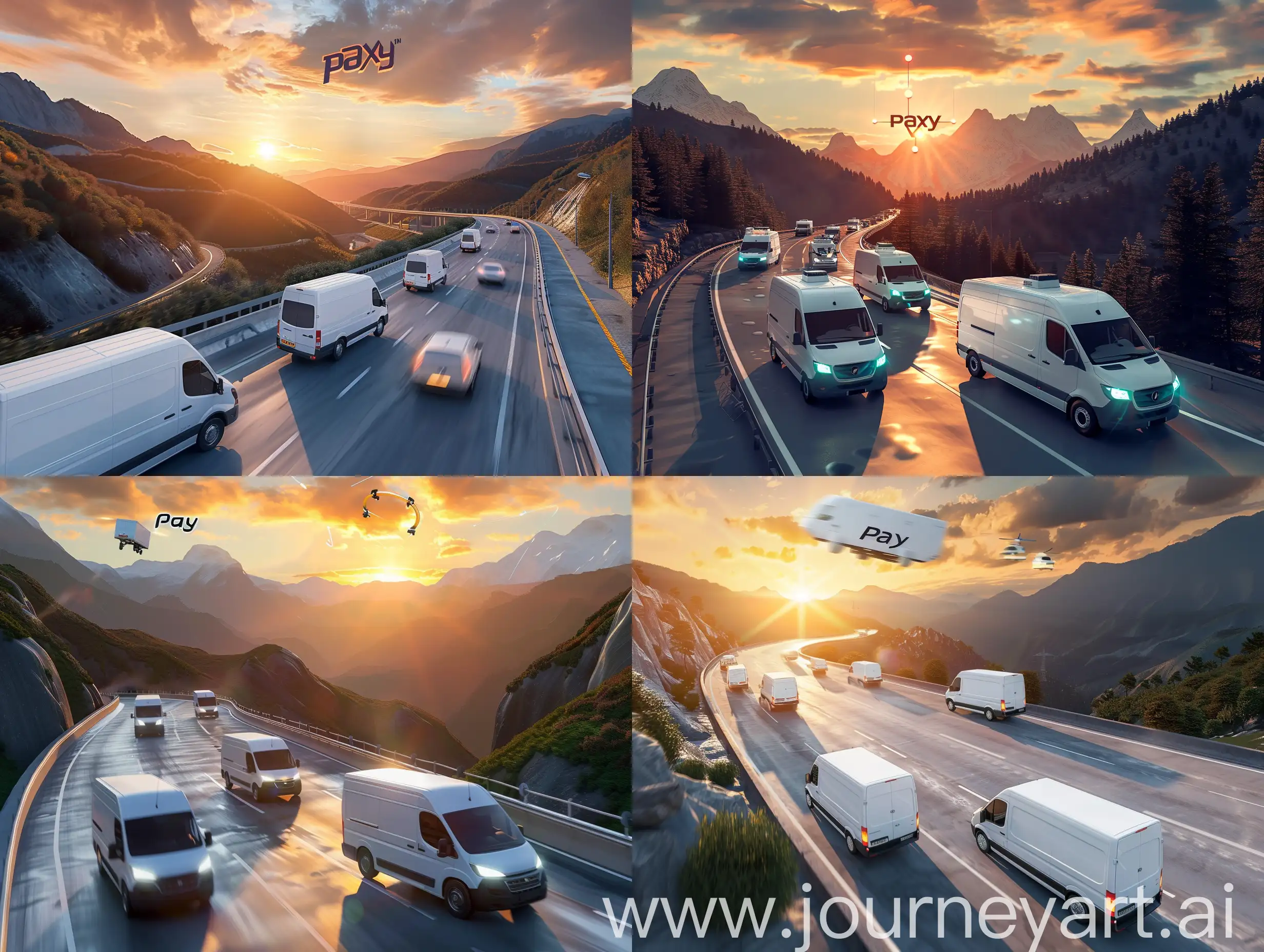 white delivery vans speeding on an expressway through mountain valleys at sunset, with a  'Paxy' logo flying above. The scene captures the dynamic atmosphere of the movment, natural landscape with the advanced technology, setting sun. photorealistic
