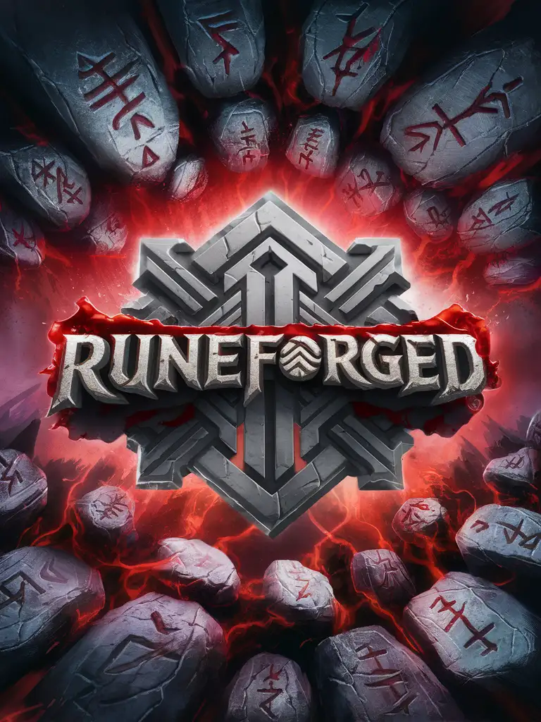 Nordic Bathed in Aesir Blood Stylized Game Art Featuring Runeforged Logo and Runic Rune Stone Tempest