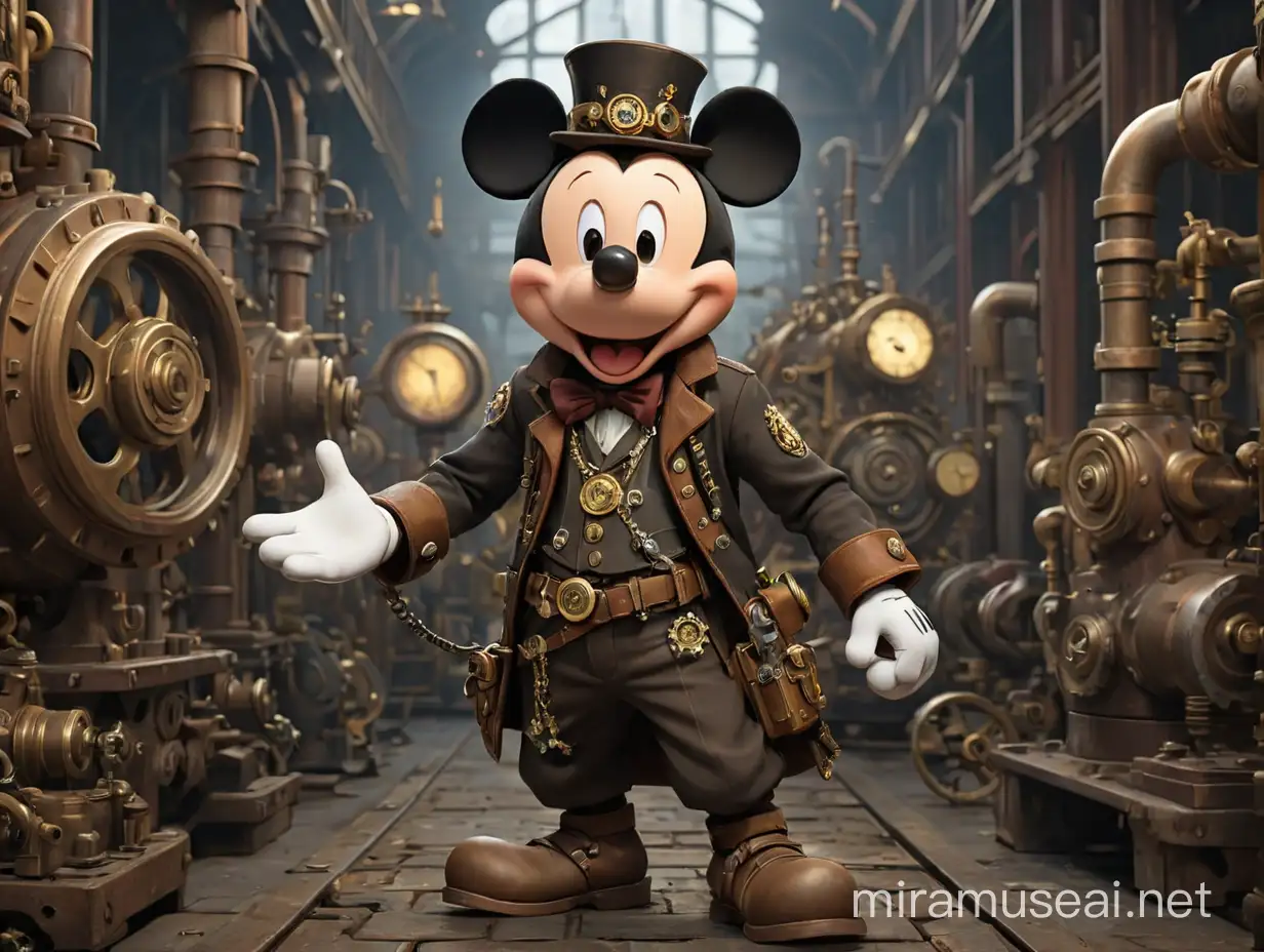 "Create an image of Mickey Mouse dressed in steampunk attire, complete with gears, brass accessories, and Victorian-inspired clothing, set against a backdrop of industrial machinery and clockwork marvels."