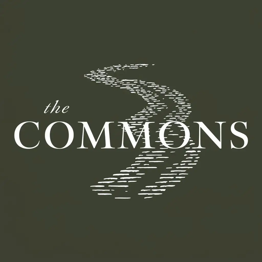 logo, Stream running through land, with the text "The Commons", typography