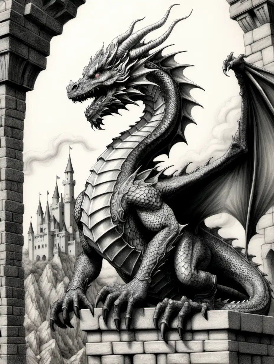 illustrations, partial black and white, dragon on  castle, high detail, no shading, color pencil fill