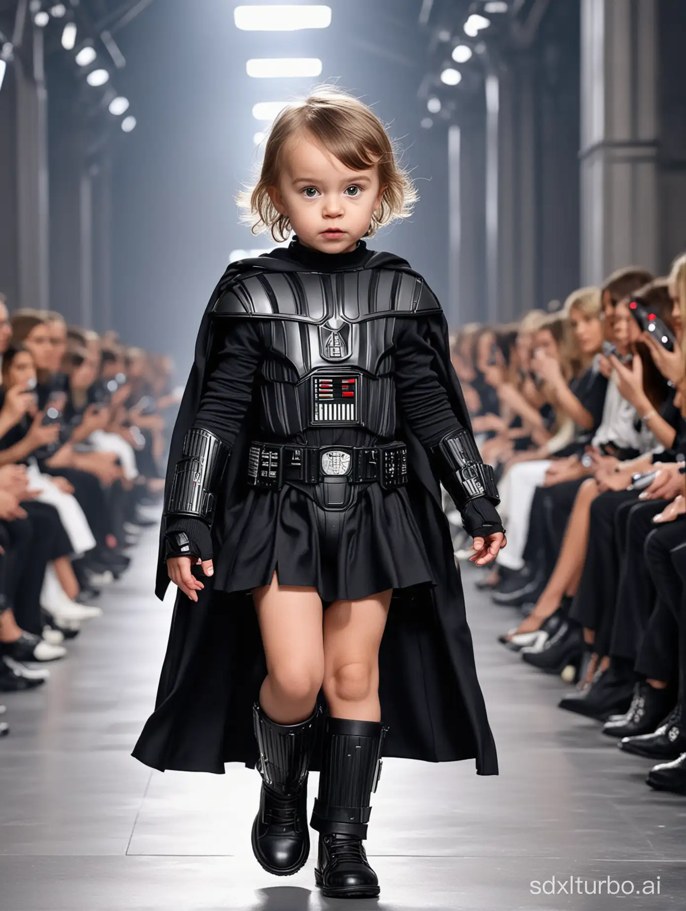 In Paris Collection, a baby modeled after Darth Vader walks the runway, a baby👶 top model, walking, (full-body image), (audience on both sides), the runway of Paris Collection, lightsaber, the runway of Paris Collection, (eccentric fashion), outrageous fashion, flashy fashion, Paris Collection