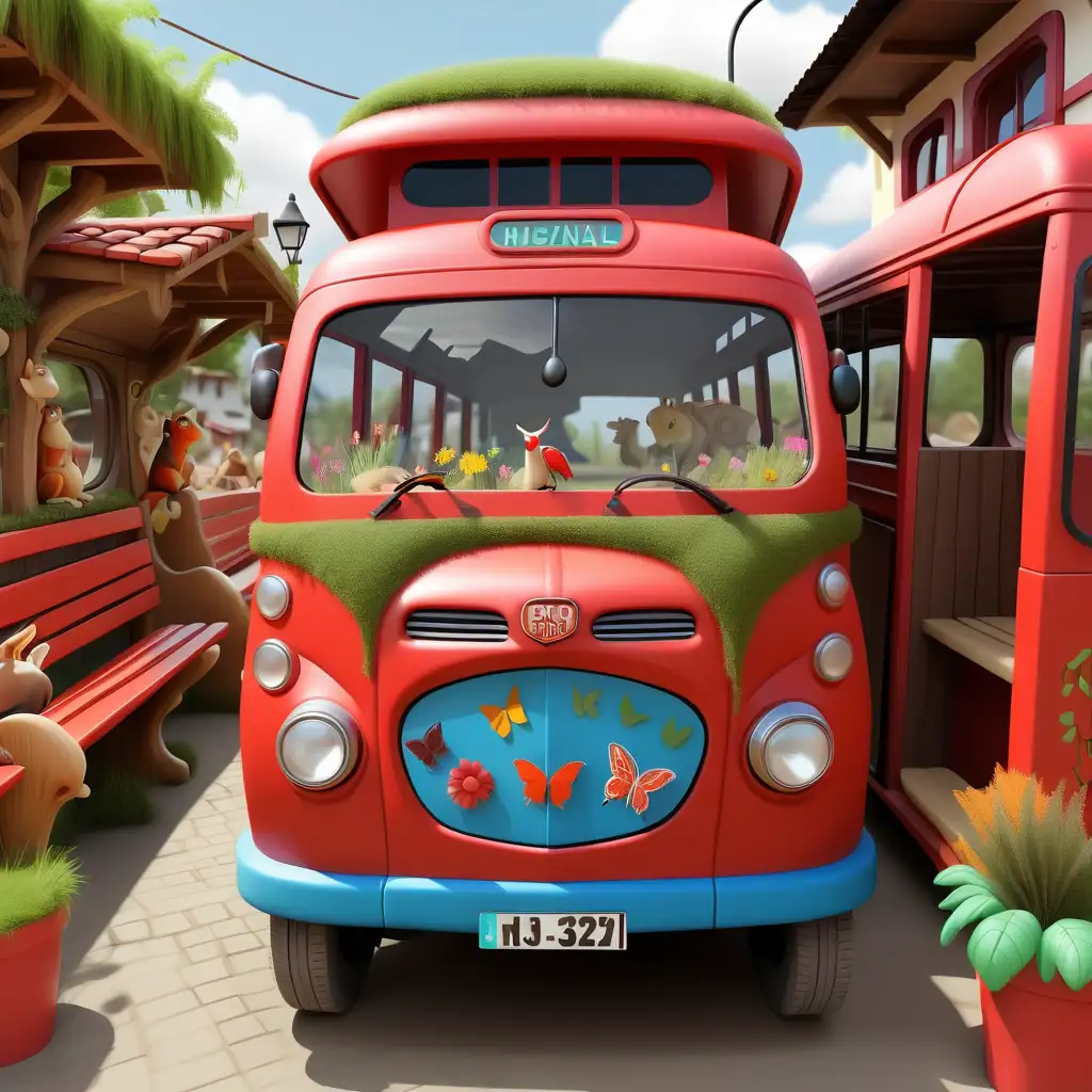 pequeño autobús de color rojo, muy pintoresco, decorado con muchos colores y diferentes figuras de animales con mucha vegetación. Sus asientos de madera son parecidos a los bancos que hay en los parques, las ventanas son solo con unos plástico gruesos enrollados hacia arriba,parado frente a un pequeño hotel de pueblo