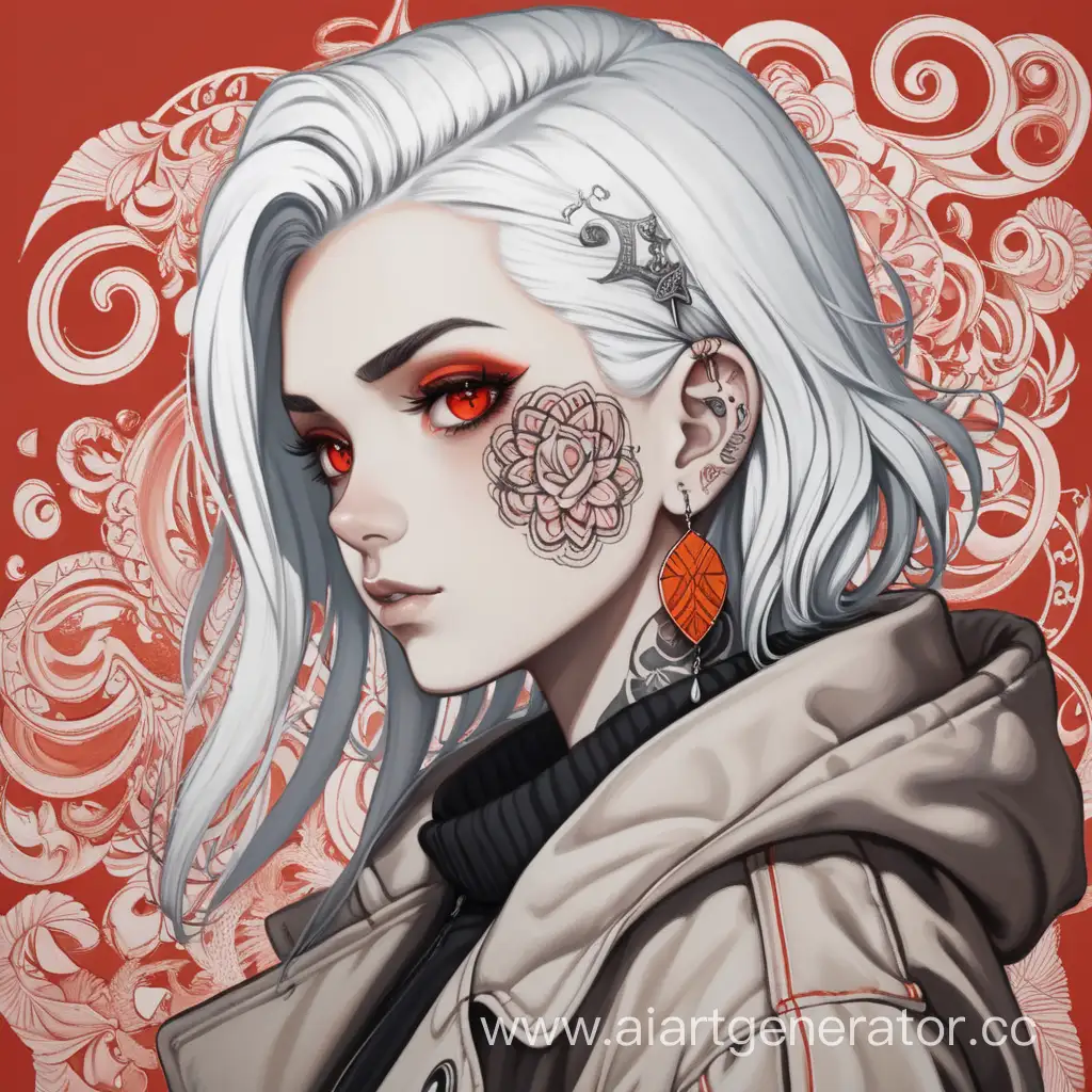 Tattooed-Girl-with-Red-Eyes-and-White-Hair-Standing-in-Patterned-Coat-on-RedOrange-Background