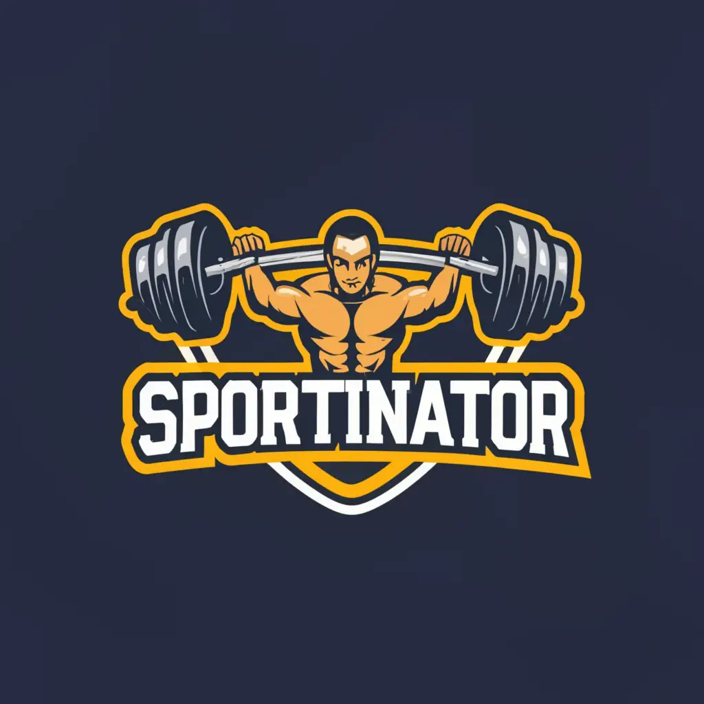 a logo design,with the text "sportinator", main symbol:barbell muscle workout,Moderate,be used in Sports Fitness industry,clear background