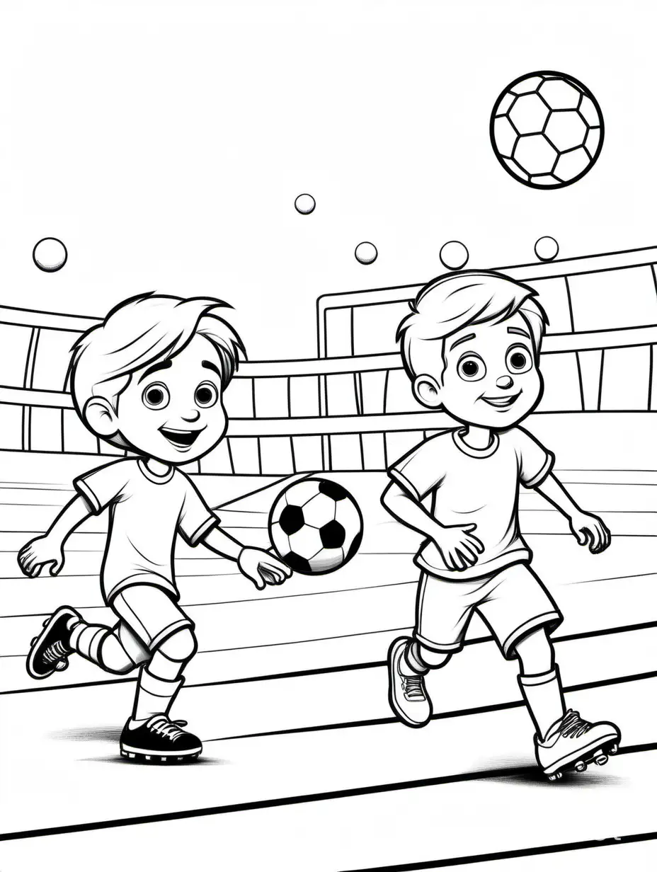 cute , pixar style, kids playing football , Coloring Page, black and white, line art, white background, Simplicity, Ample White Space. The background of the coloring page is plain white to make it easy for young children to color within the lines. The outlines of all the subjects are easy to distinguish, making it simple for kids to color without too much difficulty