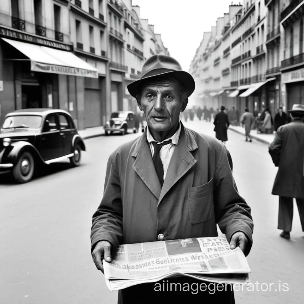 a newspaper vendor in a street in Paris in 1950
