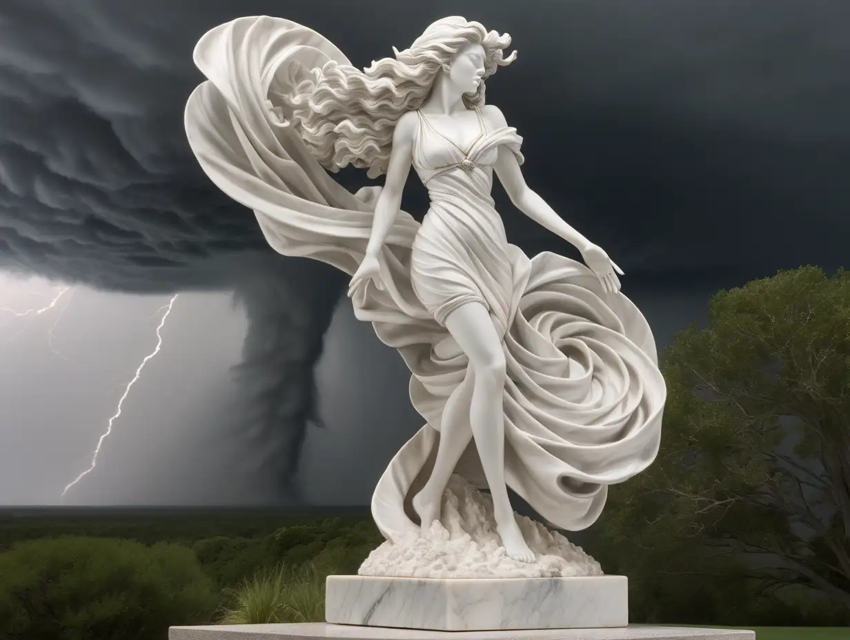A white marble sculpture of a woman in clothes is closed from a strong wind blowing in a strong wind. outside during a tornado . in the background, trees in a hurricane wind, a tornado in the background, a beautiful marble texture, full-length in the background. on the pedestal there is a beautiful marble texture, 16 carats, high detail —v 5.2 and filled with intricate details. —stylized rendering of 750 —Dramatic lighting v 5.1, cinematic framing —AR 2:1 —Raw hurricane wind in style