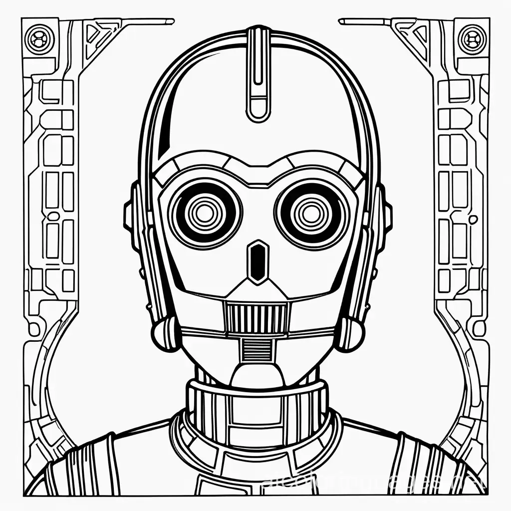star wars c3p os gedi, Coloring Page, black and white, line art, white background, Simplicity, Ample White Space. The background of the coloring page is plain white to make it easy for young children to color within the lines. The outlines of all the subjects are easy to distinguish, making it simple for kids to color without too much difficulty