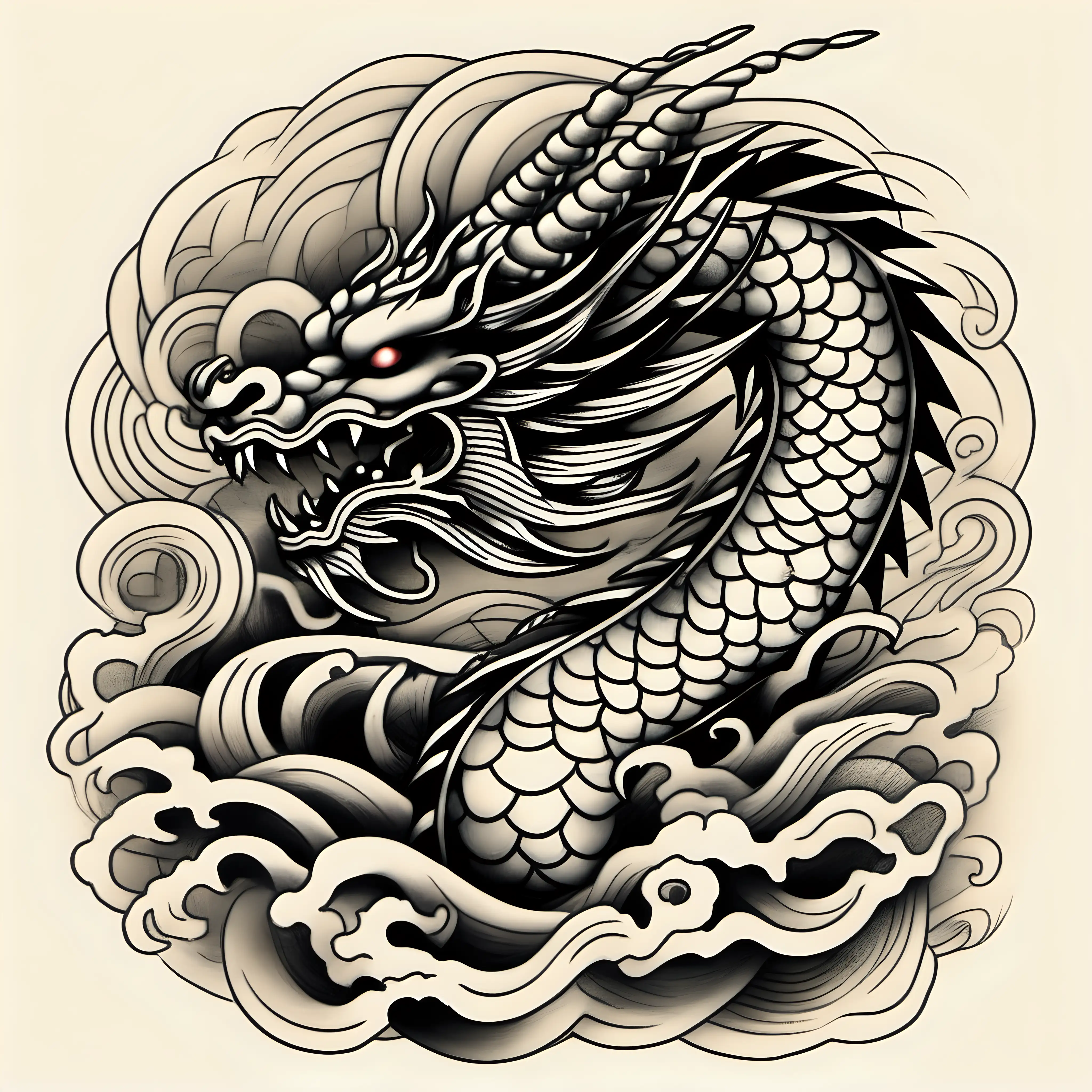 dragon, Japanese tattoo flash, white background