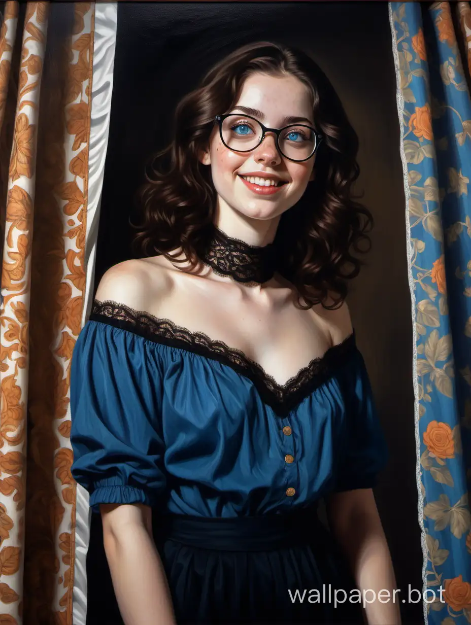 full body view, low angle view, painting of a beautiful young brunette woman standing, we see her from below, she is pretty, she has bright blue eyes, wearing big wide-framed glasses, she has pale skin, she has lots of freckles, she has long dark brown hair parted in the middle that falls in curtains, she has curly blunt bangs, she has a beautiful innocent face, she is wearing a dark blue lace choker, smiling, very cute, sharp jawline, cheek dimples, perfect, sense of wonder, warm colors, loose brushstrokes, Velazquez painting style