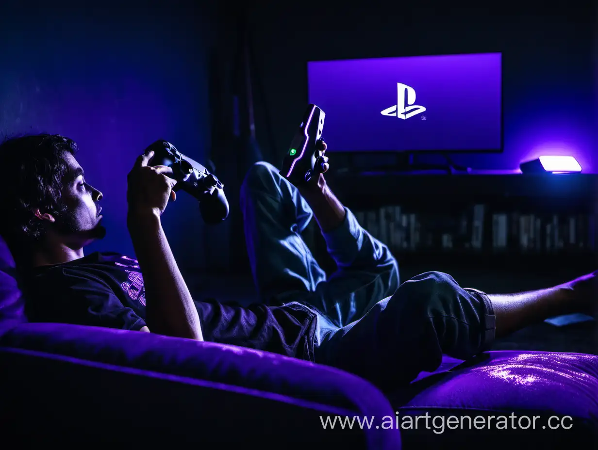 Gamer-Relaxing-on-Couch-Playing-PS5-in-Moody-Purple-Lighting