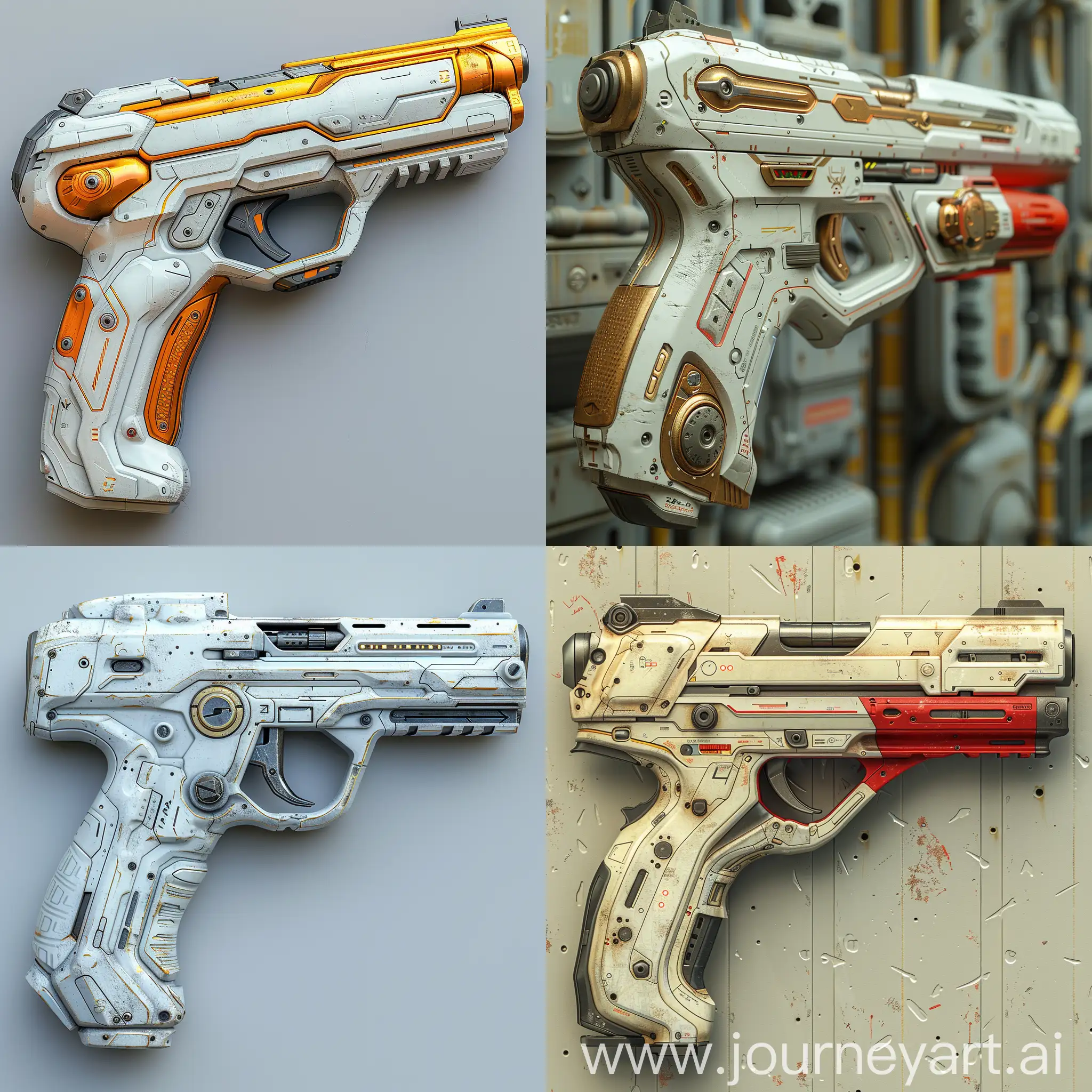 Futuristic pistol, energy weaponry, smart targeting and ballistics, modular design, biometric authentification and user safety, non-lethal options, octane render --stylize 1000