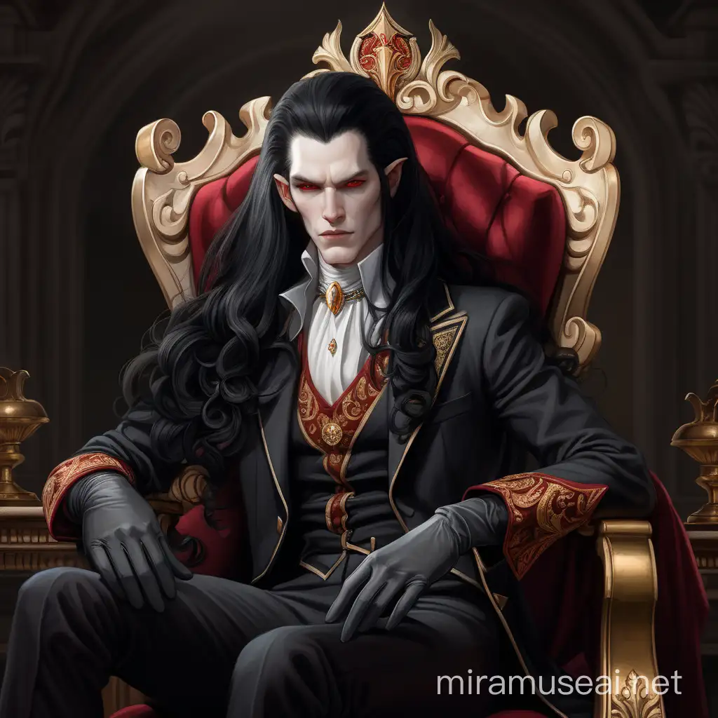 A pale man sits with a relaxed pose in a chair, he has long black hair, golden eyes, and curled horns, He is wearing long black gloves and noble clothing of a deep red color.