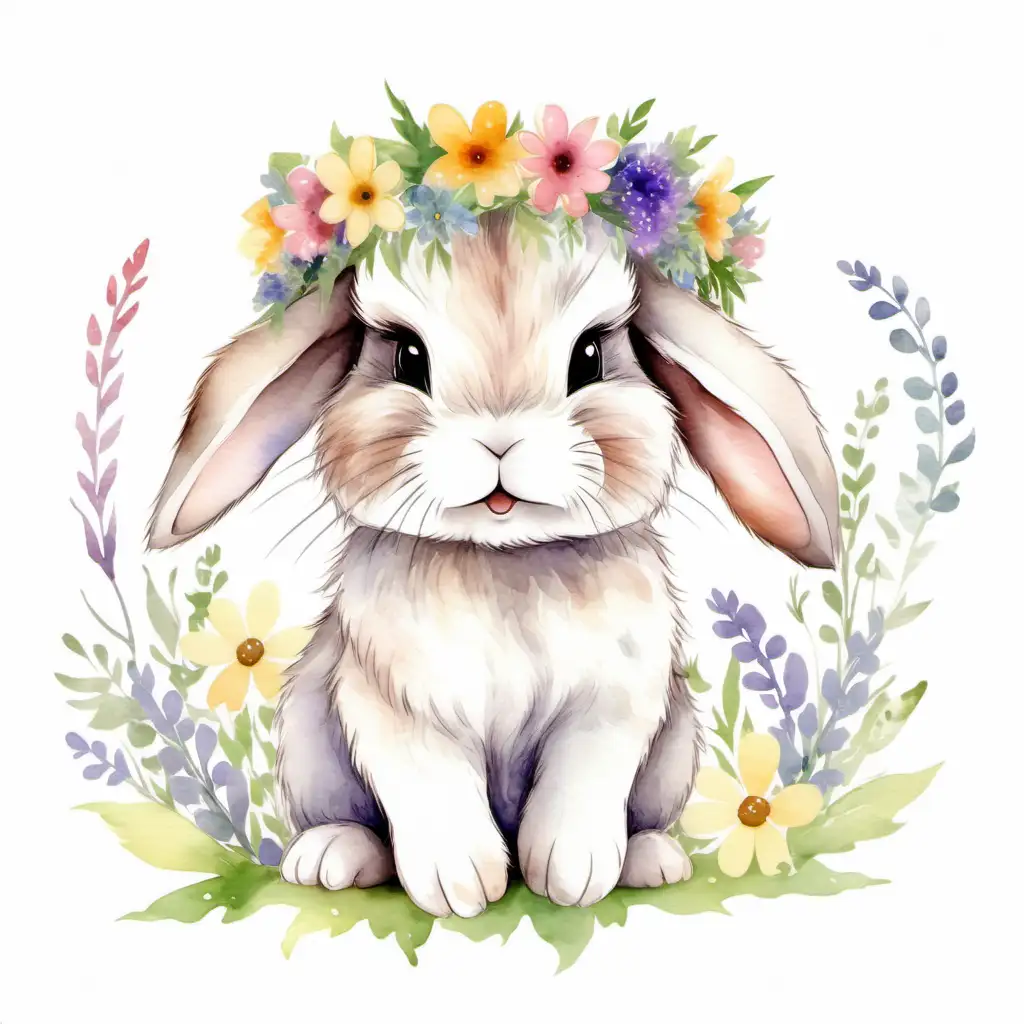 cute cartoon,FLUFFY baby BUNNY, flower crown,WILDFLOWERS,easter colors,,WATERCOLOR,white BACKGROUND