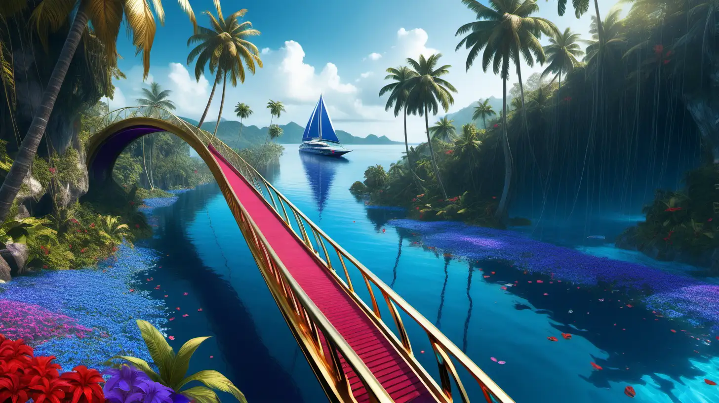 Vibrant Futuristic Bridge Over Crystal Blue Waters with Tropical Flora and Luxury Yacht