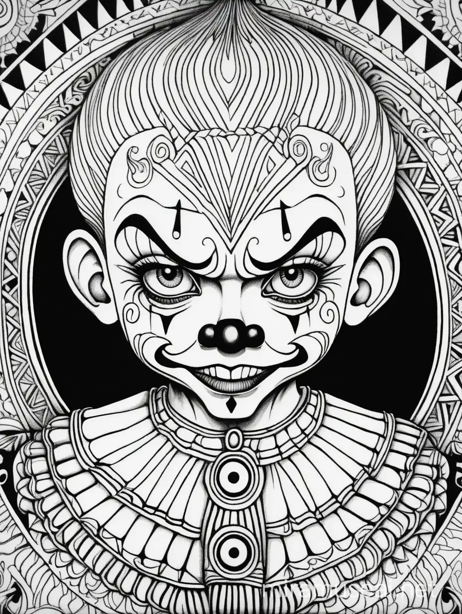 adult coloring page, black & white, strong lines, high details, symmetrical mandala, evil little Boy clown