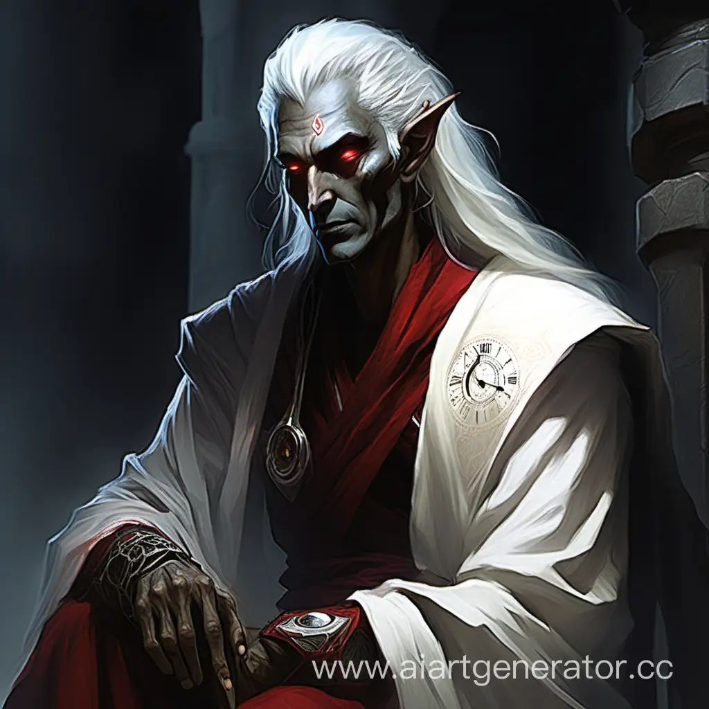Dunmer Sotha Sil looking dark elfy, red diagonal eyes, and clockworky and in his toga dress thing with his long white hair admiring his works. Looking thoughtful and lonely after a long night of inventing. His arm is mechanical.
In morning light, dressed in a sheer white, translucent robe. 