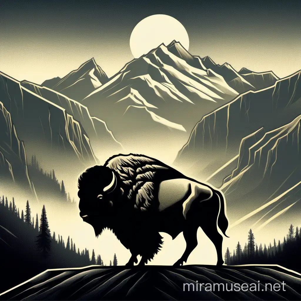 Majestic Bison Silhouette in Rugged Mountain Landscape