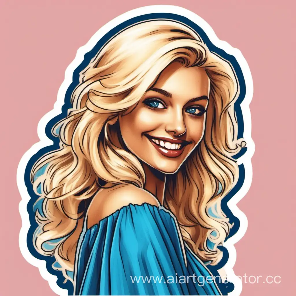 Glamorous-Blonde-Girl-Smiling-in-Blue-Dress-Sticker
