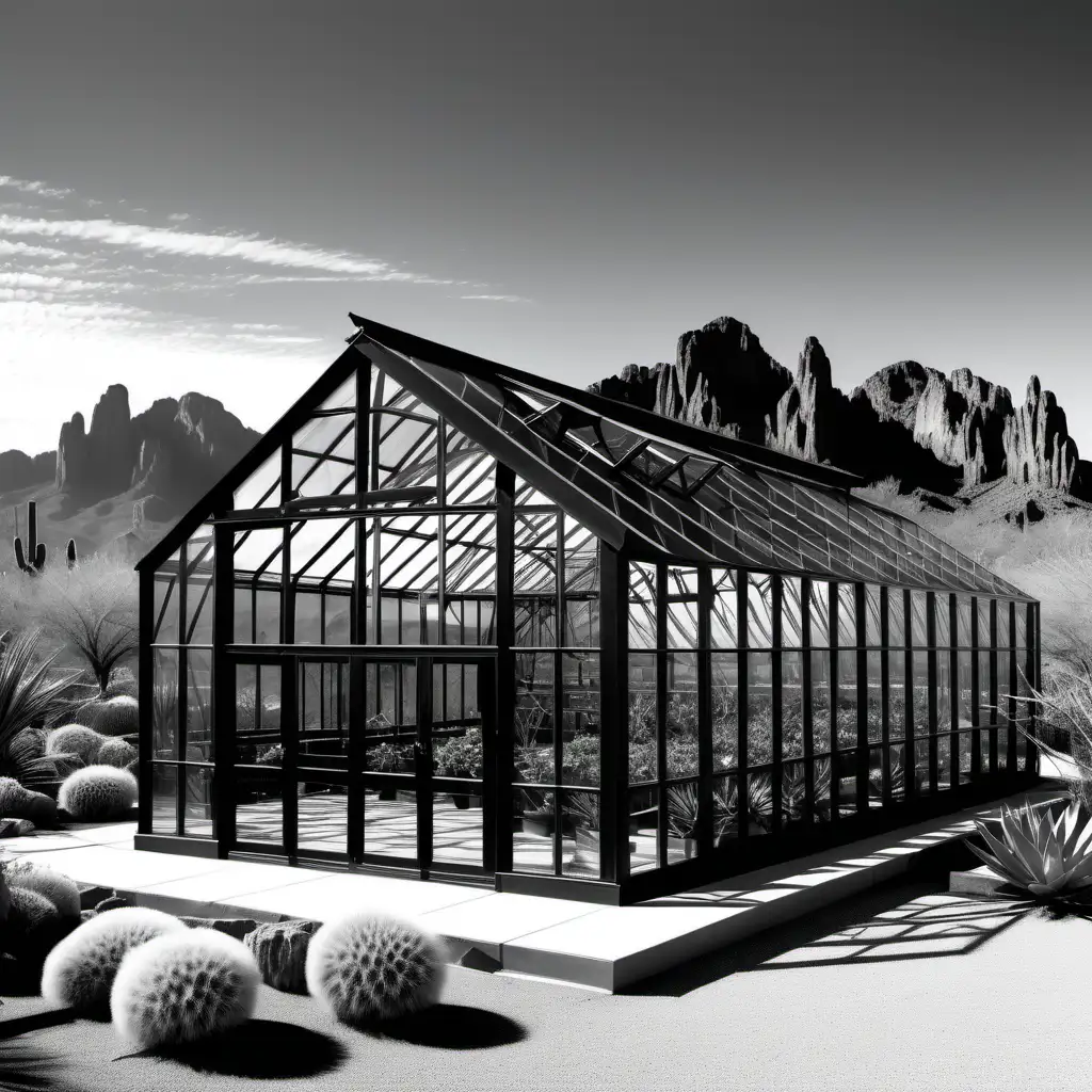 black and white photo, wooden framed greenhouse 10 meters by 60 meters, with glass windows, located in arizona with superstitious mountain in the background, that houses botanical from kalahari desert, axiometric view, gabled
