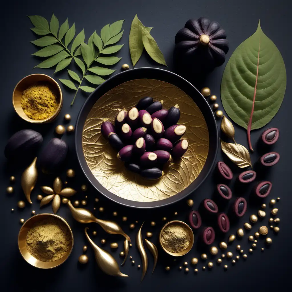 Create a visually stunning image that features one herb: Mucuna. Incorporate dark tones and gold alchemical highlights.
