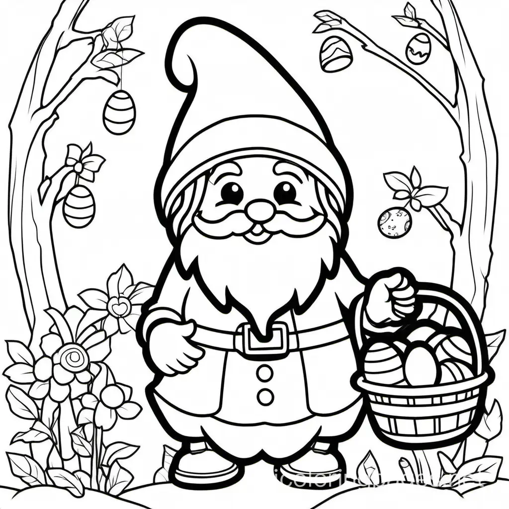 kawaii, gnome with an easter basket, Coloring Page, black and white, line art, white background, Simplicity, Ample White Space. The background of the coloring page is plain white to make it easy for young children to color within the lines. The outlines of all the subjects are easy to distinguish, making it simple for kids to color without too much difficulty