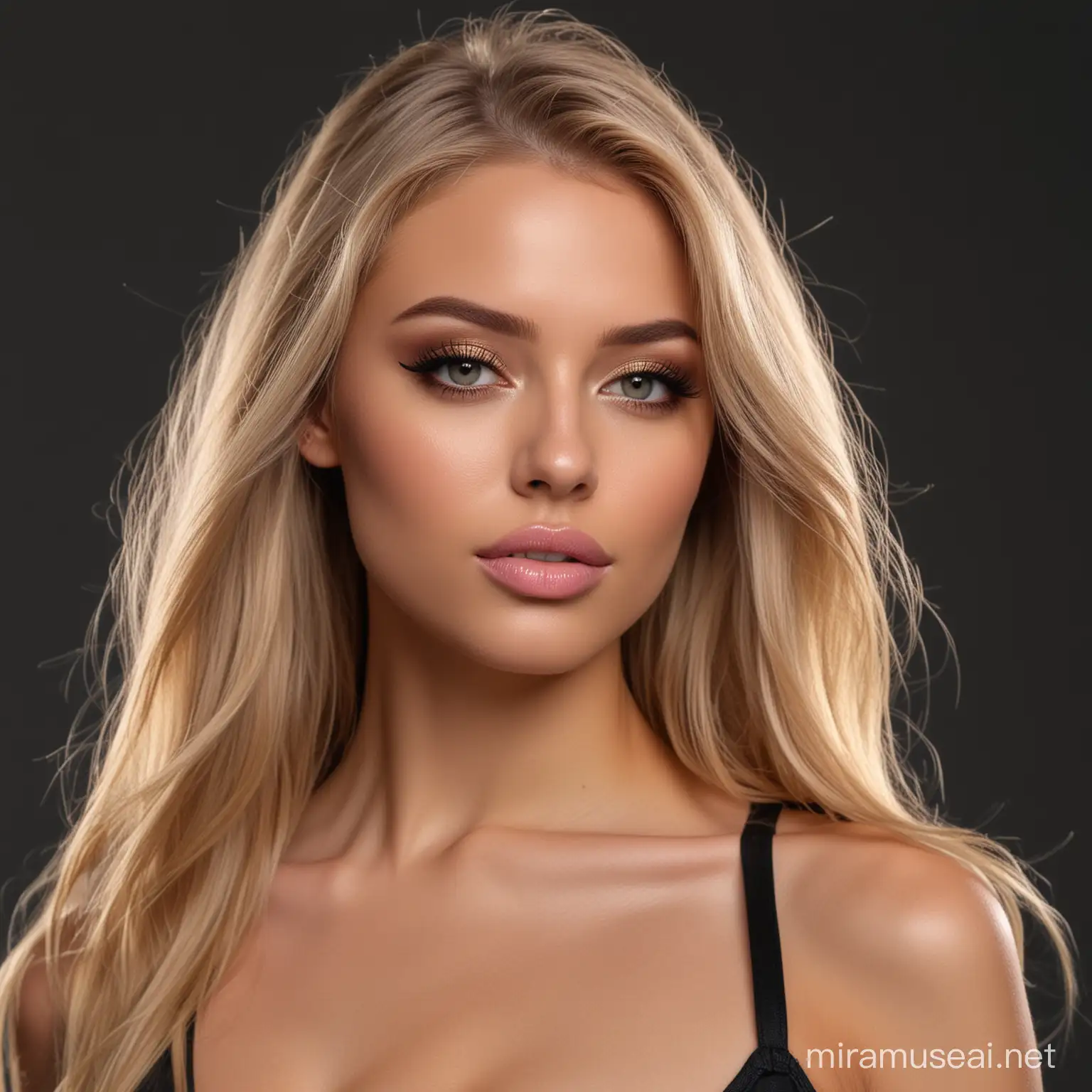 studio photo of a sexy, seductive young woman with realistic features. looking back over her shoulder. long, straight blond hair. wearing glossy, light pink lipstick.  bright gold iris. black eye shadow. wearing black bra. dark grey background, natural lighting, low contrast, photorealistic, 8k