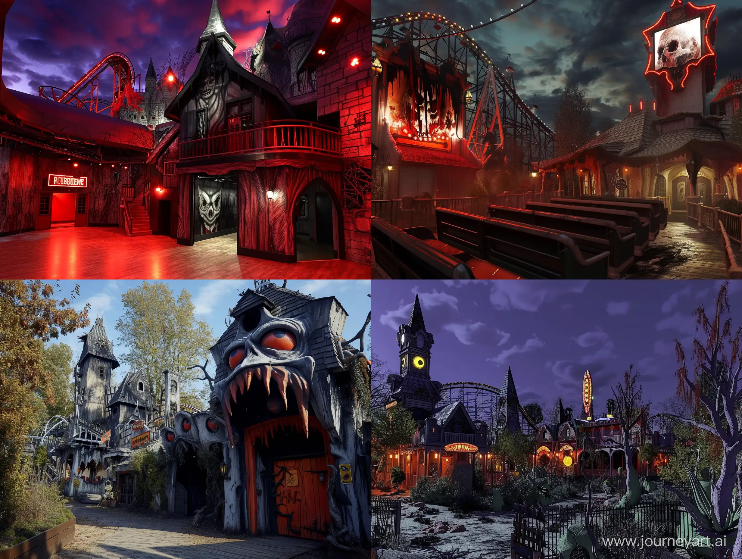 A horror themed amusement park with rides and attractions based on classic horror movies.