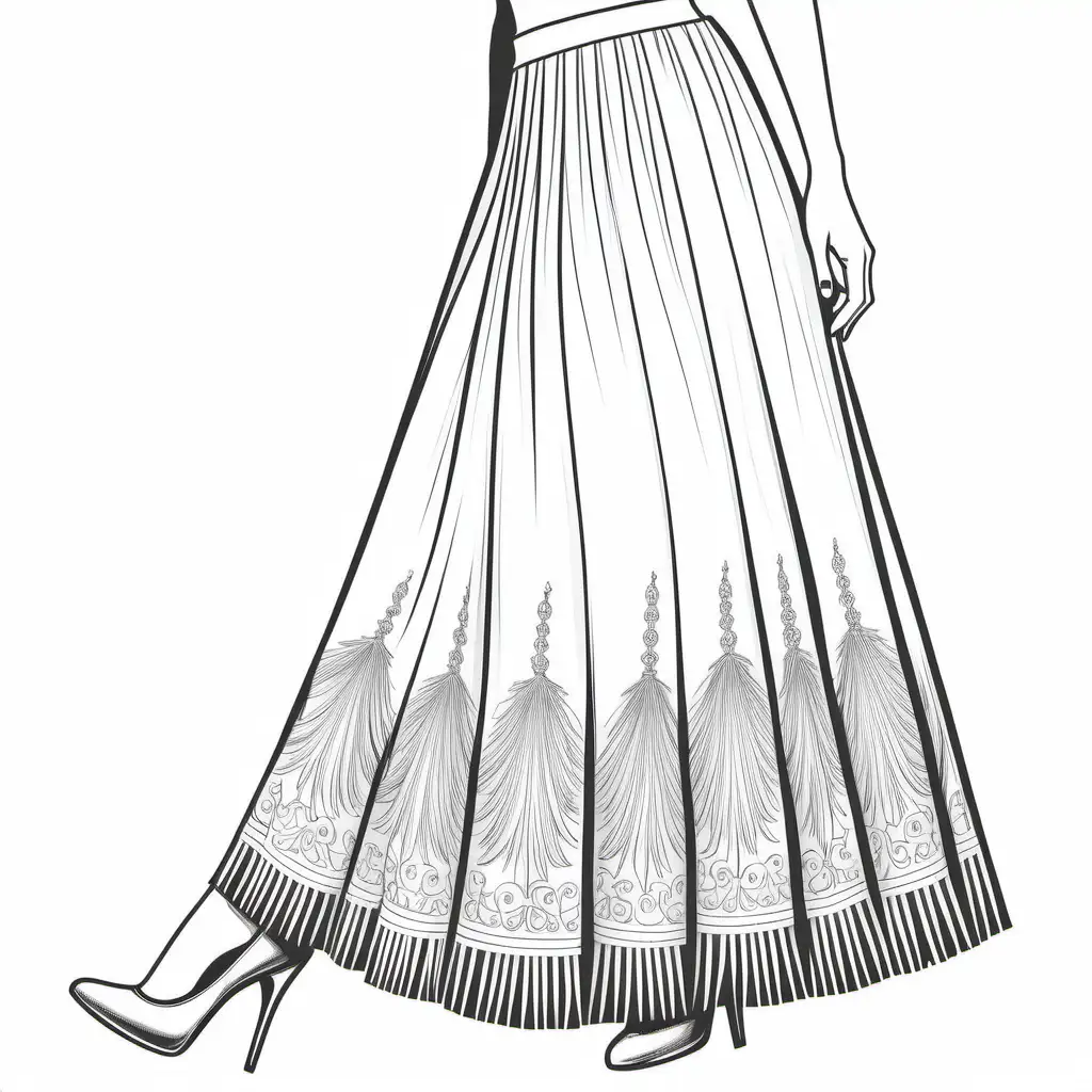 black and white, coloring page, close-up on long modest women's skirt with fringes showing feet with fancy high heels shoes. no shading, no dither, no fills