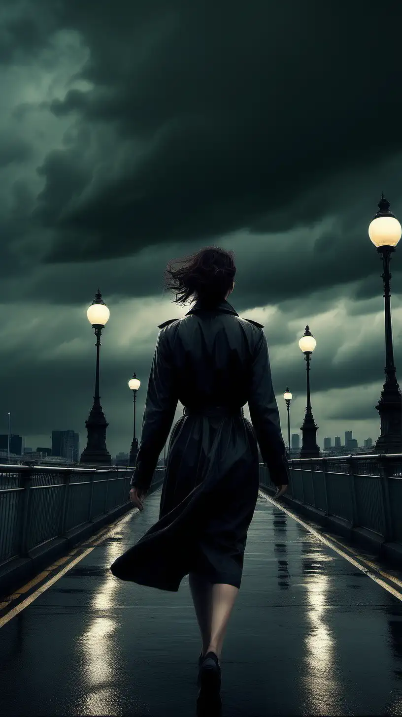 Solitary Woman Walking Across Waterloo Bridge in Stormy Weather