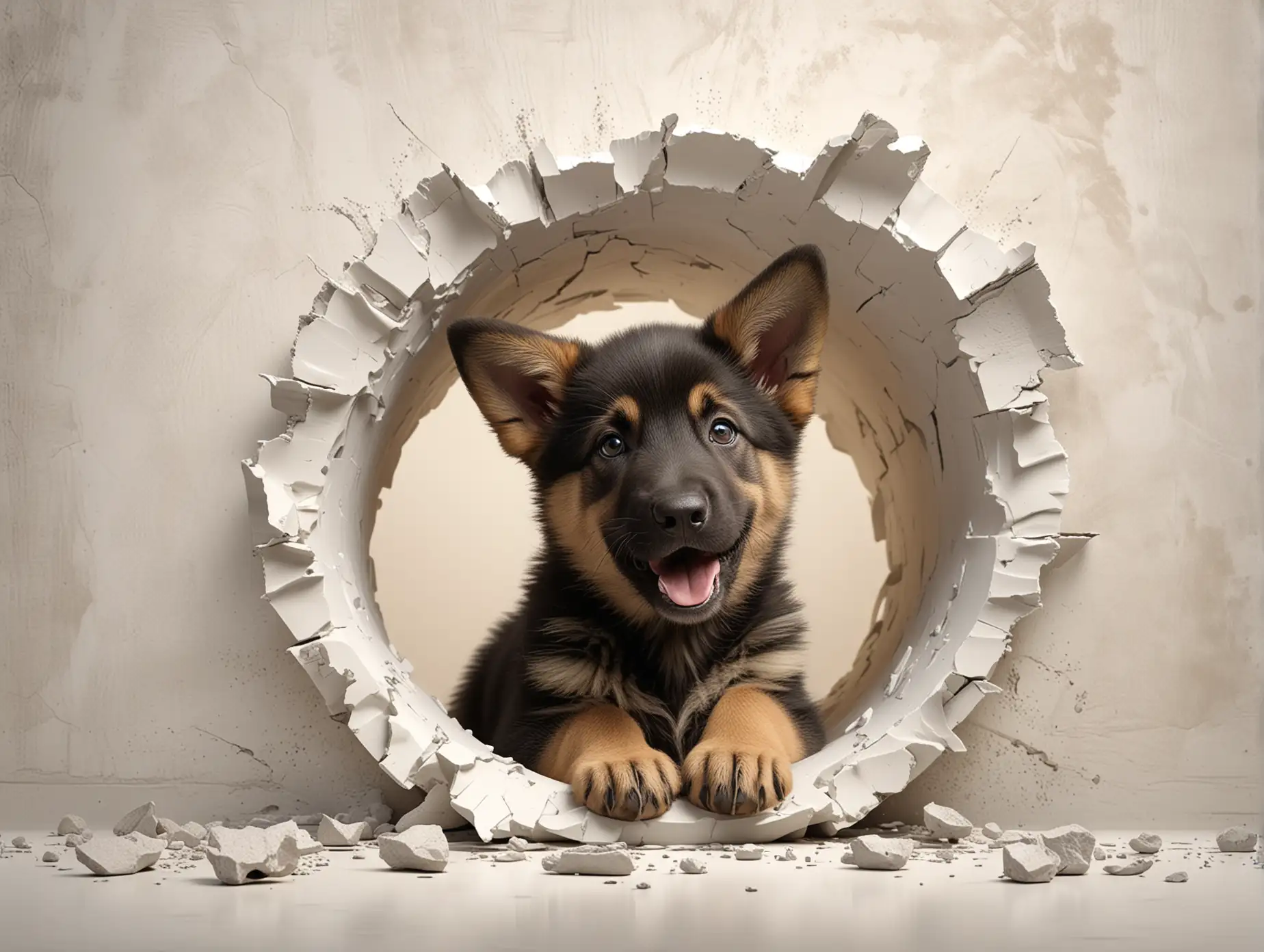 A charming 3D render of a German Shepherd puppy, with a wide, playful smile, emerging from a jagged hole in a cracked white ceramic surface. The puppy's fur is soft and fluffy, with a touch of realistic texture. The contrast between the smooth ceramic and the puppy's fur adds depth and visual interest. The conceptual art piece conveys a sense of whimsy and playfulness, as if the puppy is breaking through a barrier to explore a new world., conceptual art, 3d render




