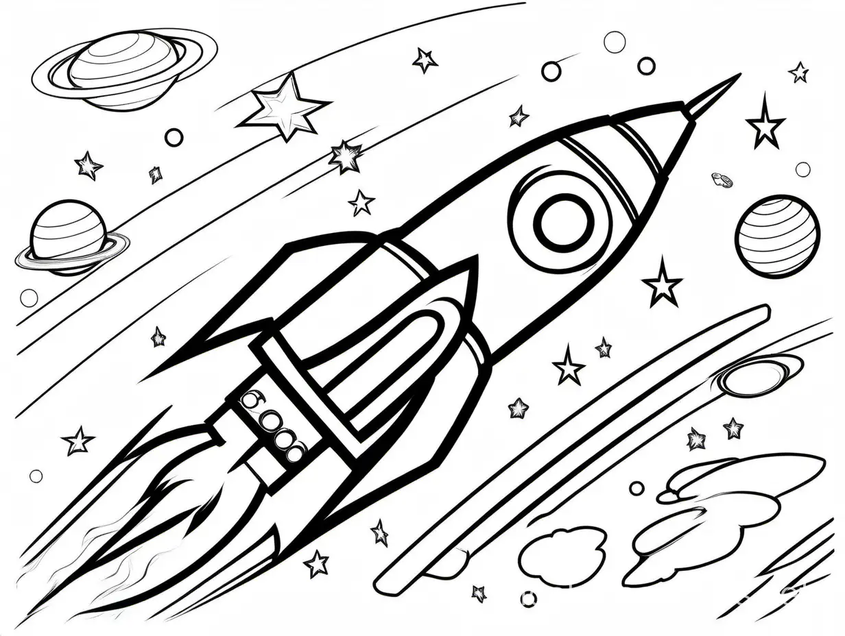 Space rocket for kids, Coloring Page, black and white, line art, white background, Simplicity, Ample White Space. The background of the coloring page is plain white to make it easy for young children to color within the lines. The outlines of all the subjects are easy to distinguish, making it simple for kids to color without too much difficulty