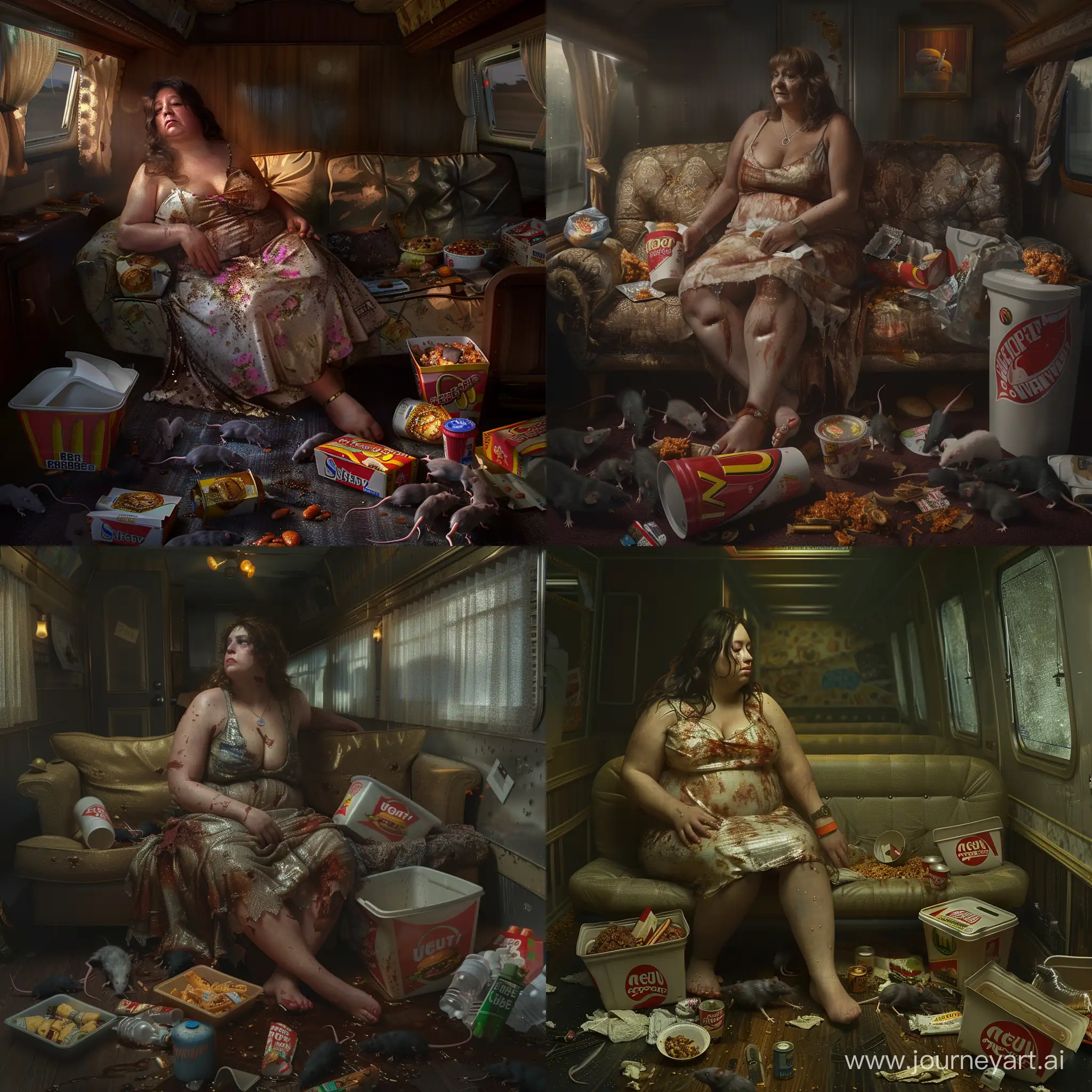 photo-realistc, a fat  woman sits on a couch in a filthy trailer in a stained  dress, empty fast food containers and trash are on the floor as rats crawl amongst the garbage on the floor,atmospheric lighting 
