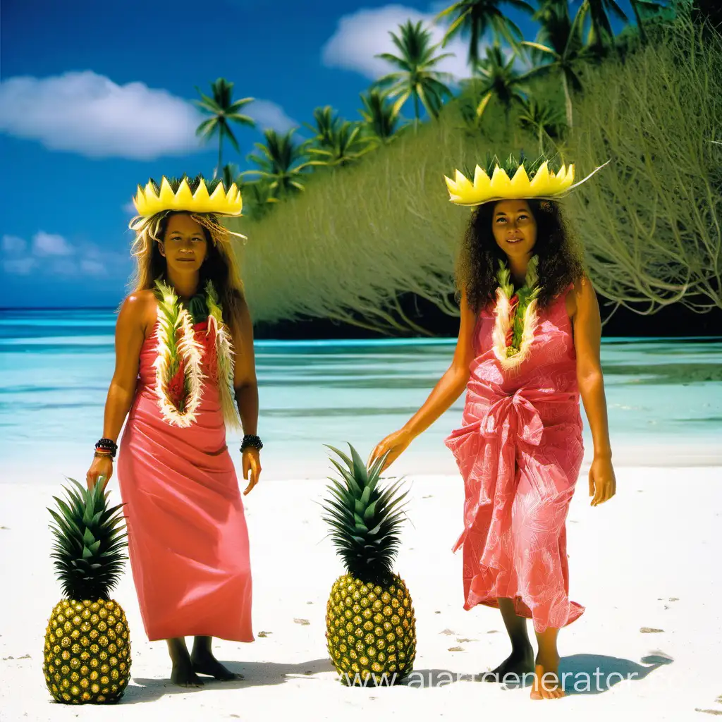 Tahitian-Women-Holding-Pineapples-on-Coral-Island