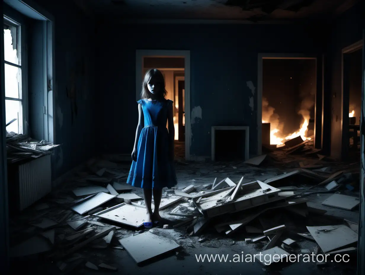 девушка в синем платье прячется за обломками мебели, разрушенная квартира, пошарпанные стены, строительные обломки на полу, темнота, горящие обломки мебели в углу, тускло освещающие комнату, темный силует в дверном проеме с светящимися белыми глазами.