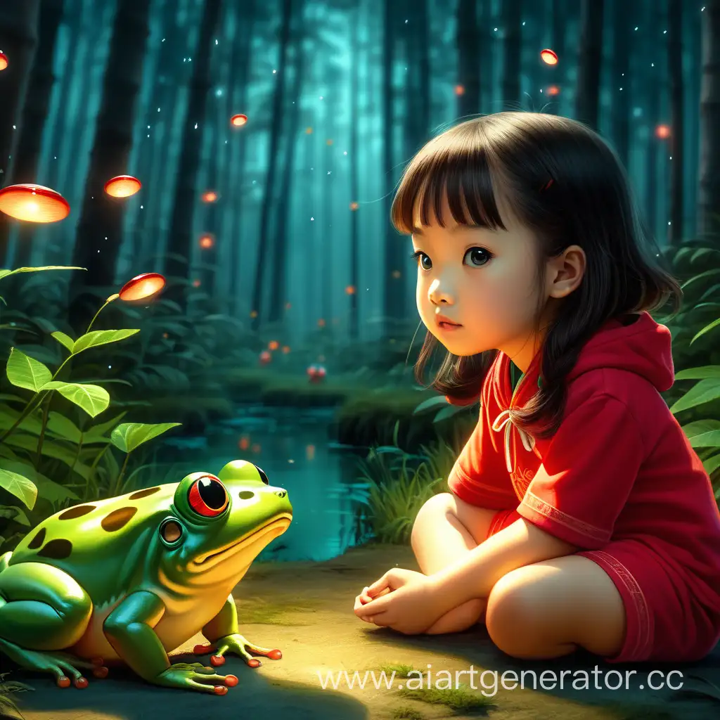 Enchanted-Forest-Scene-Chinese-Girl-in-Red-with-Giant-Frog-and-Fireflies