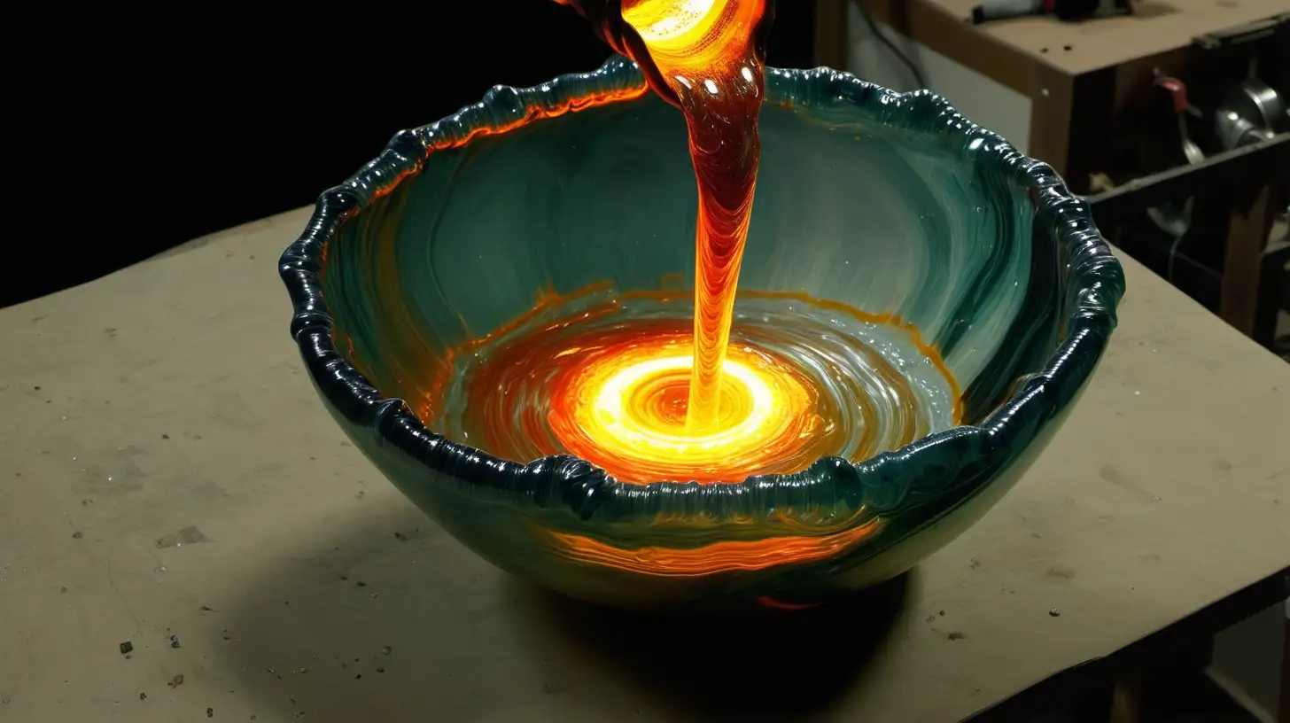 molten glass pouring in a hard glass bowl in a DIY setup