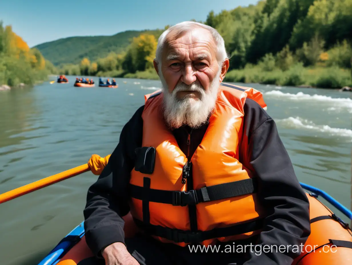 Elderly-Chechen-Man-in-Black-Clothing-Rafting-with-Stern-Gaze-and-Orange-Life-Jacket