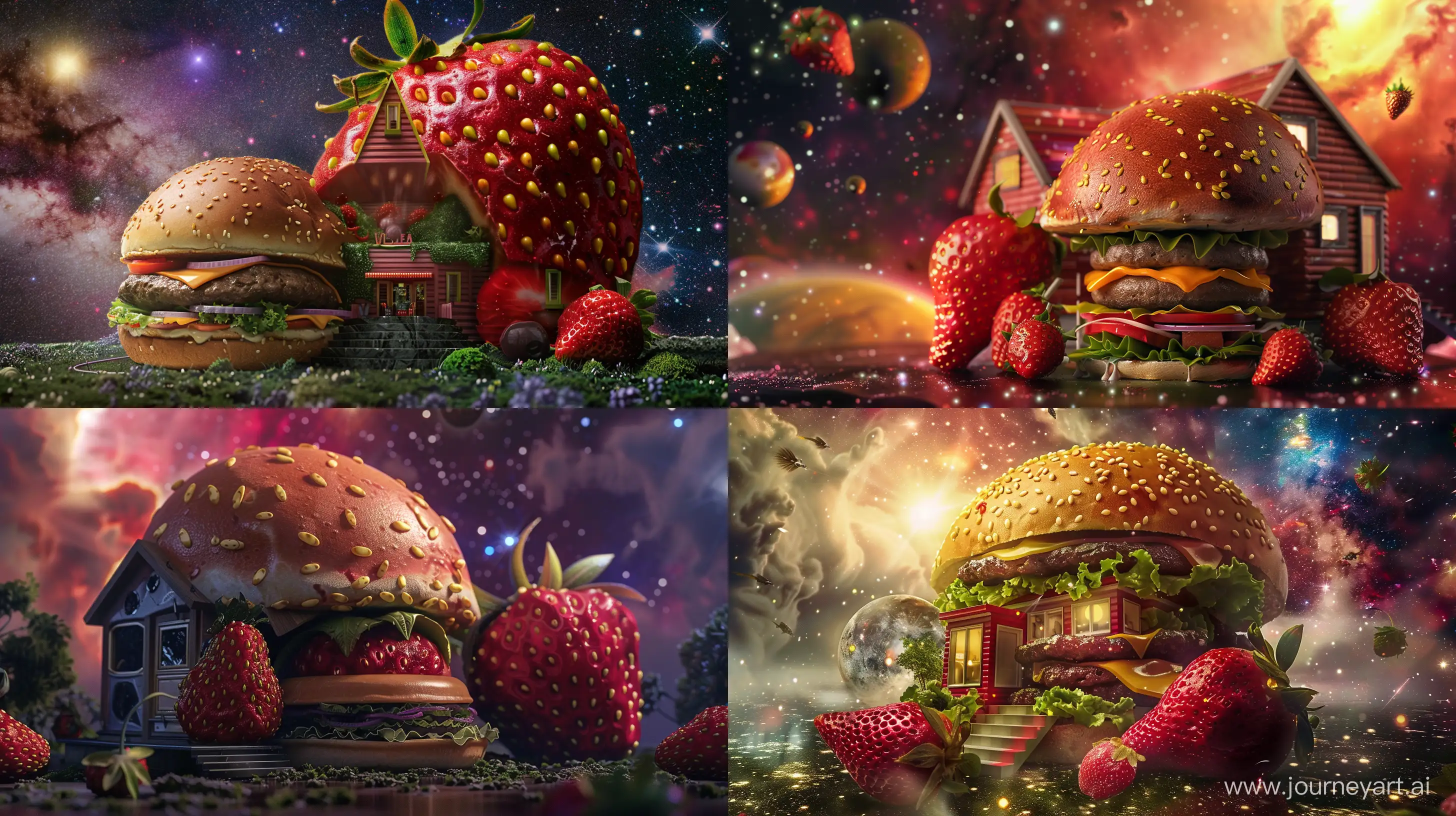 big house in the shape of burger and strawberry, in the galaxy, fantasy style, realistic --ar 16:9