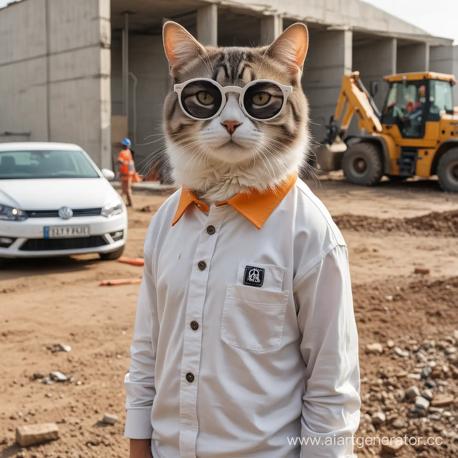 кот в круглых очках и строительный рубашке смотрит на стройку на фоне стоит белый автомобиль Volkswagen polo