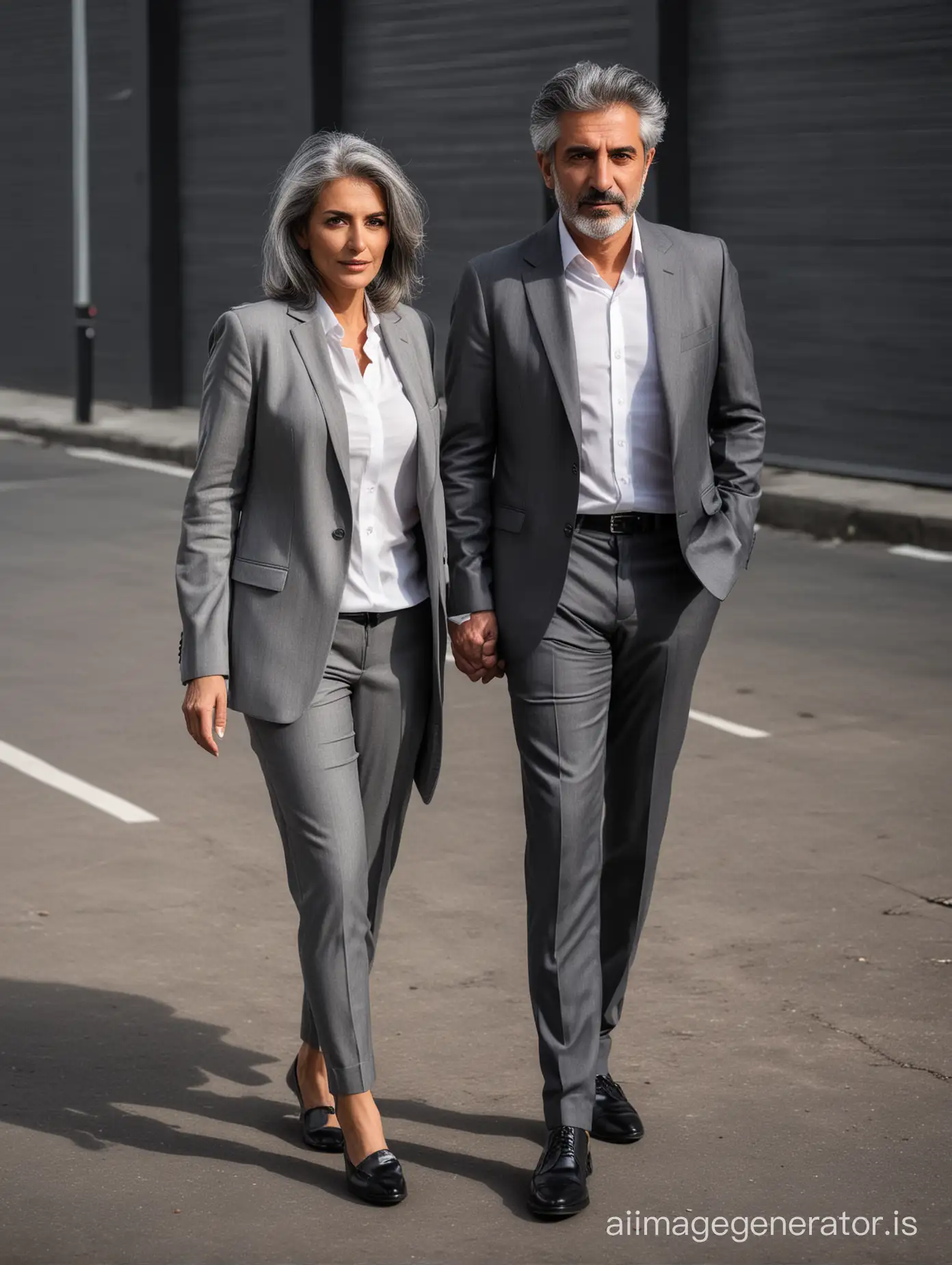 iranian short man woman 50 years old, casual style, grey suits, white shirt, black shoes, grey hair, full body shot, in a parking, dramatic lighting