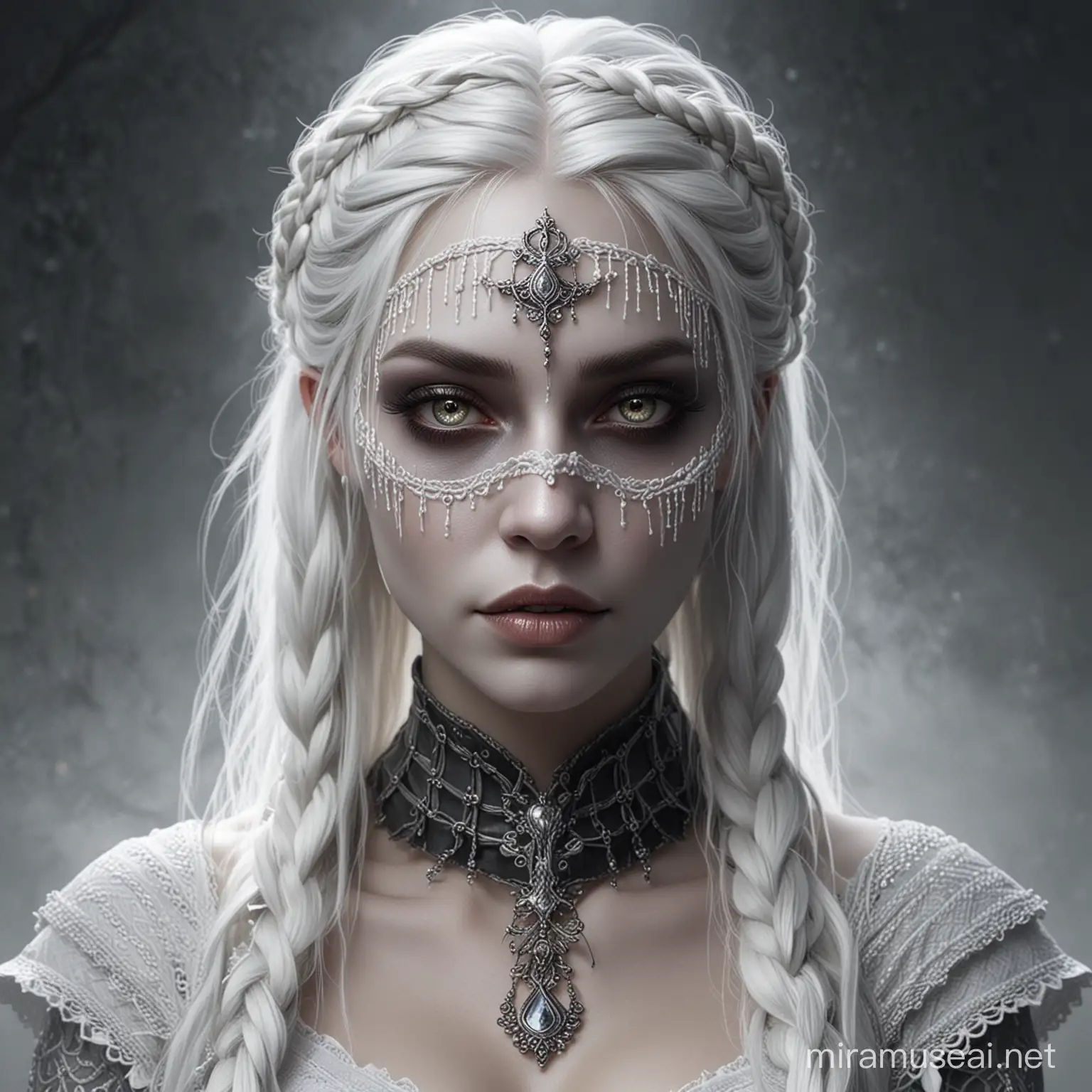 fantasy art of noble female Drow with white skin and white braided hair, wearing a gauze wrapping around her blind eyes
