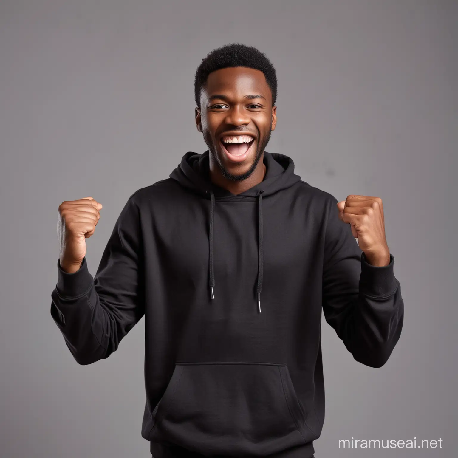 Energetic Cheerful African black male sport fan , jubilating with energy to camera , wristwatch on his wrist, standing against gray space , putting on black sweatshirt