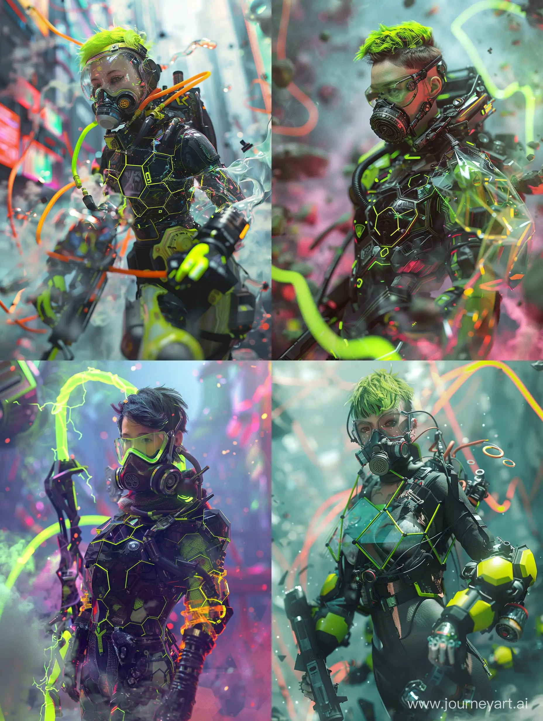 a  super high quality,high definition, high resolution, high detail cinematic worm view dynamic scene where a cyberpunk female with face gas mask and lime short hair wearing glass sheeted hexagonal neon armour carrying an aneurysm energy like weapon amidst a vibrant volumetric completely neonatal vibrant colourful cyberpunk city ,The armor she is wearing is partially transparent, revealing the hexagonal black and lime armor which is adorned with intricate detailing, seamlessly integrating advanced technological enhancements on the armour. Volumetric lighting casts dramatic shadows, enhancing the ultra-realistic cinematography and creating a contrast between the female and the environment. The scene is full of details, such as misty smoke  and other oddities as well as reflections, glows, The scene is rendered in a realistic style, with high definition, high resolution, and high detail.
