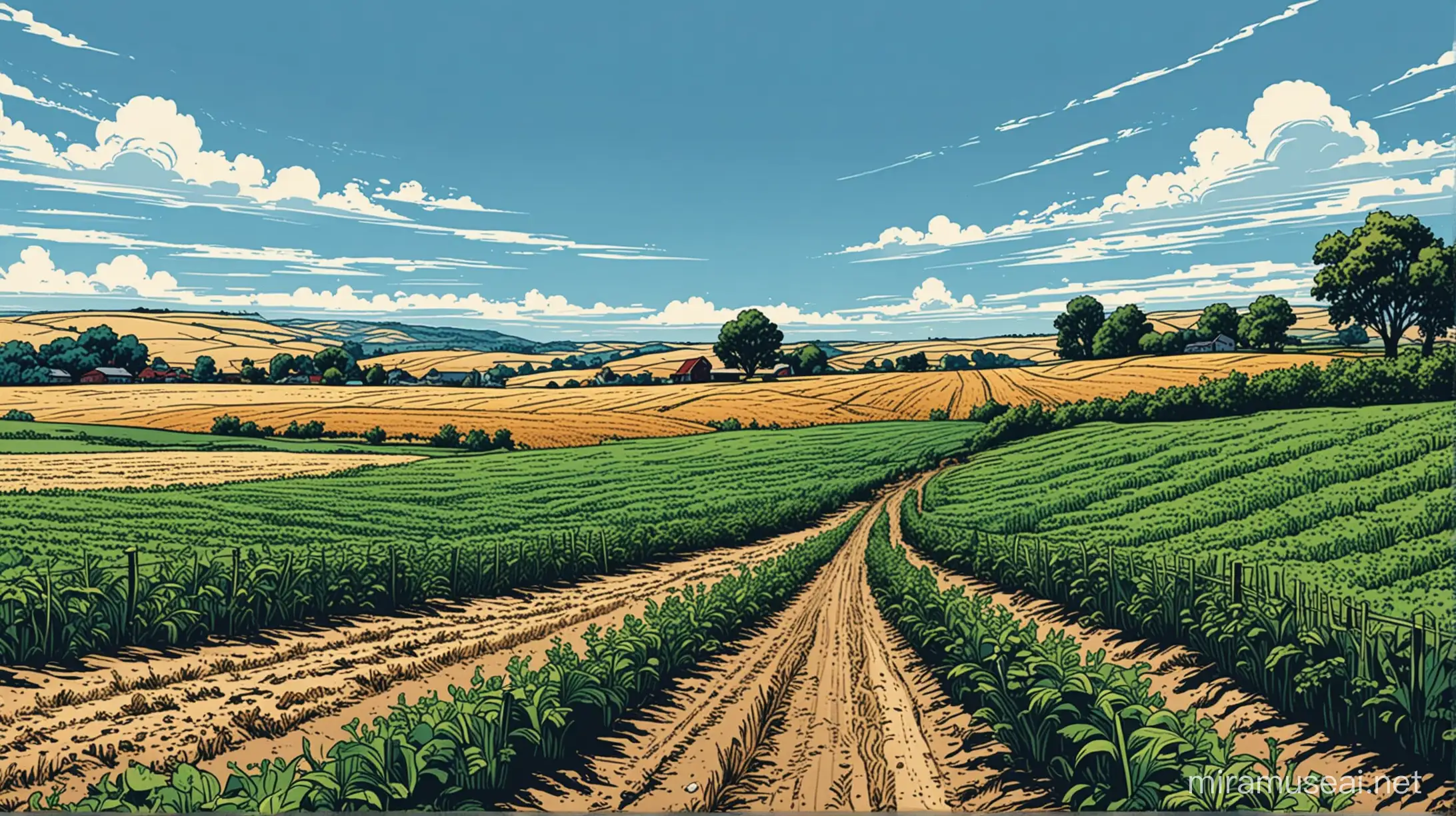 Farmland fields clear blue skies no clouds
comic book style illustration 300dpi